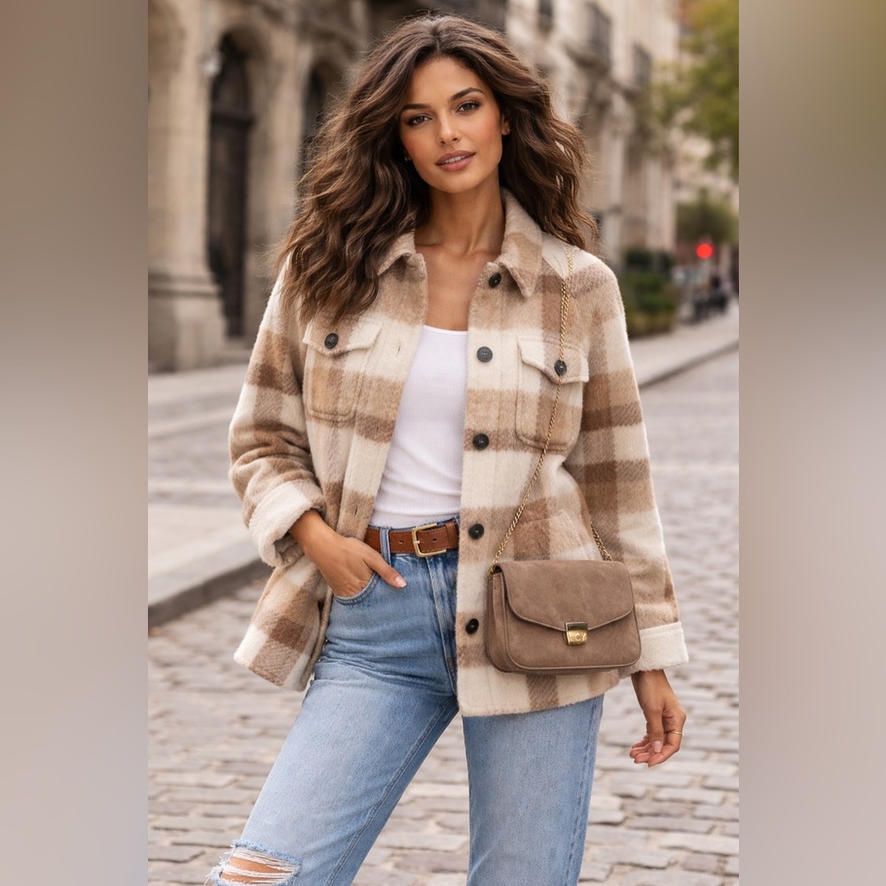 NWT Sezane Wool Alda Check Plaid Brown Beige Jacket Coat 34 FR S M
